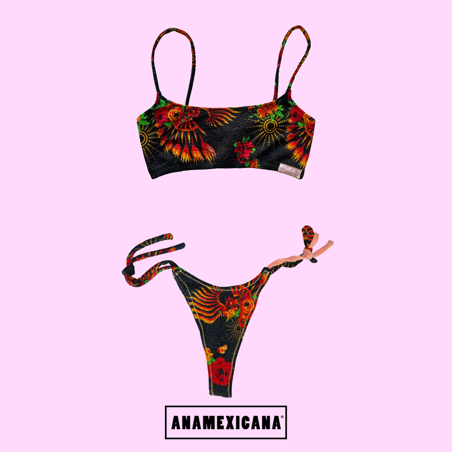 Tanga Jacquard Negra con Tirante Mix