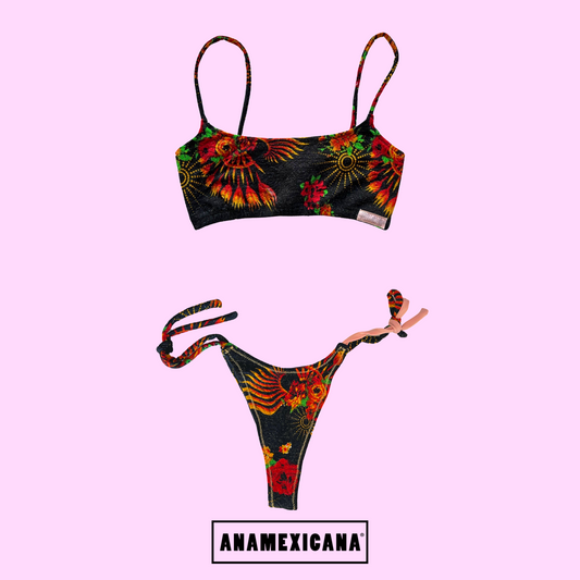 Tanga Jacquard Negra con Tirante Mix